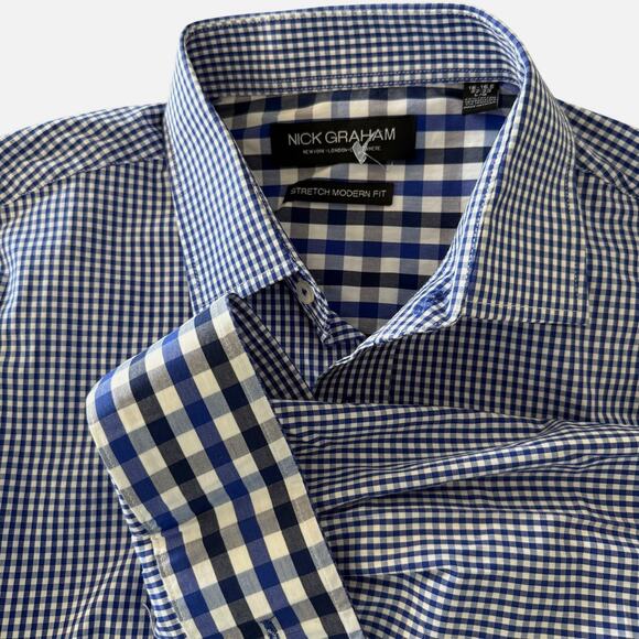Nick Graham Dress Shirt Stretch Modern Fit Blue Plaid w/Tie 16 16 1/2 32-33 Lg - Picture 2 of 10
